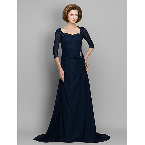 

A-Line Mother of the Bride Dress Elegant Sweetheart Neckline Sweep / Brush Train Chiffon 3/4 Length Sleeve with Ruched Beading 2021