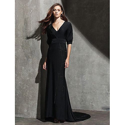 

Sheath / Column Celebrity Style Holiday Cocktail Party Formal Evening Dress V Neck Half Sleeve Sweep / Brush Train Knit with Pleats 2021