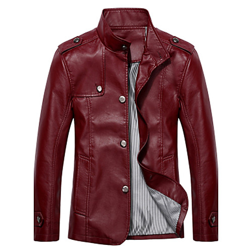 

Men's Jacket Solid Colored Basic Winter Stand Collar Jacket PU Coat Tops Wine