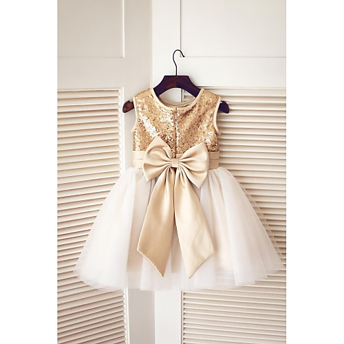 

A-Line Knee Length Pageant Flower Girl Dresses - Tulle / Sequined Sleeveless Jewel Neck with Bow(s) / Sequin