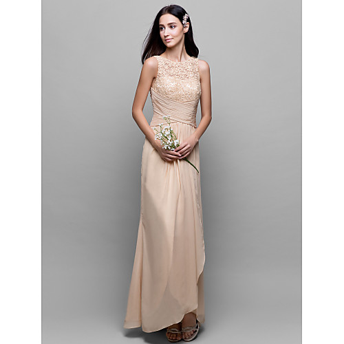 

A-Line Bateau Neck Asymmetrical Chiffon / Lace Bodice Bridesmaid Dress with Lace / Criss Cross