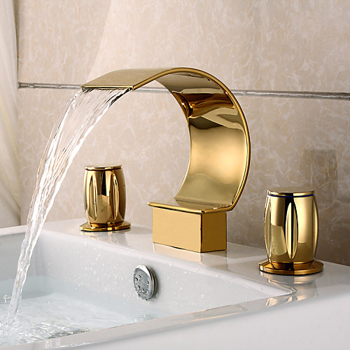 

Bathroom Sink Faucet Gold - Waterfall Ti-PVD Widespread Three Holes / Two Handles Three HolesBath Taps / Brass