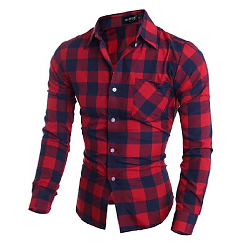 

Men's Shirt Plaid Long Sleeve Casual / Daily Tops Cotton Black Red