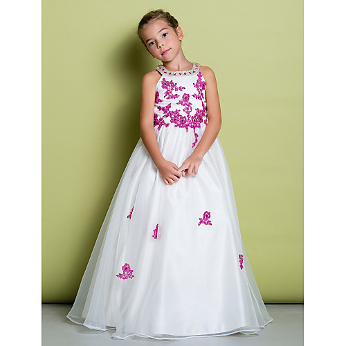 

A-Line Floor Length Pageant Flower Girl Dresses - Organza Sleeveless Jewel Neck with Beading / Appliques