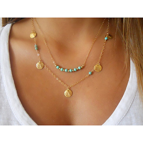 

Women's Turquoise Pendant Necklace Layered Necklace Beaded Floating Ladies Double-layer Turquoise Alloy Golden Necklace Jewelry For Wedding Party Daily Casual