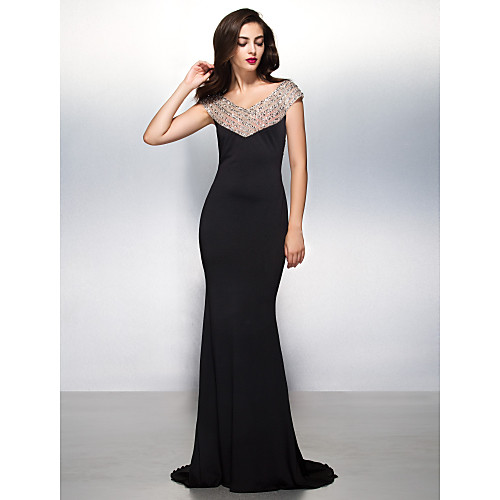 

Mermaid / Trumpet Beautiful Back Formal Evening Black Tie Gala Dress V Neck Short Sleeve Sweep / Brush Train Jersey with Beading 2021