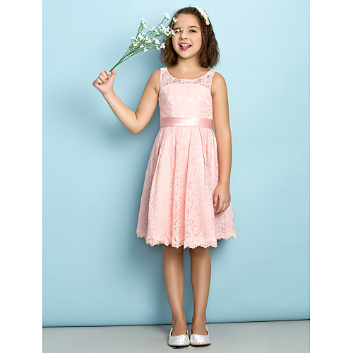 

A-Line Scoop Neck Knee Length All Over Floral Lace Junior Bridesmaid Dress with Lace / Natural / Mini Me