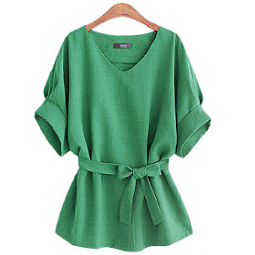 

Women's Blouse Solid Colored Plus Size Pleated Daily Tops Cotton Blue Green Light gray