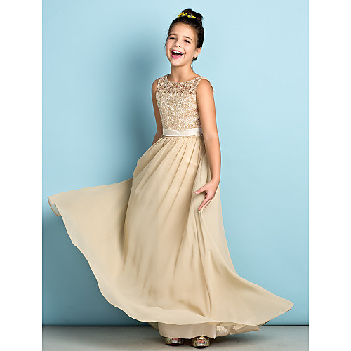 

A-Line Scoop Neck Floor Length Chiffon / Lace Junior Bridesmaid Dress with Lace / Natural / Mini Me