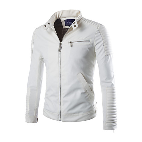 

Men's Top Solid Colored Fall Jacket Daily Long Sleeve PU Coat Tops White