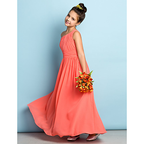 

A-Line One Shoulder Ankle Length Chiffon Junior Bridesmaid Dress with Side Draping / Natural / Mini Me