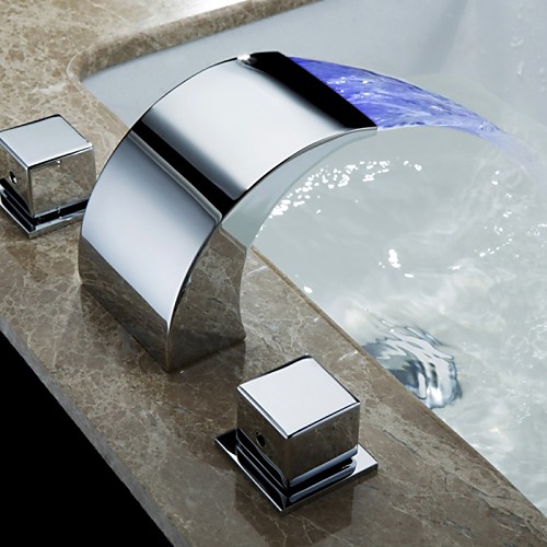 

Deck Mounted Brass Bathroom Sink Faucet,Waterfall Two Handles Three Holes LED Light Bath Taps With Hot and Cold Water