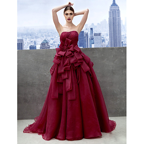 

Ball Gown Elegant Floral Prom Formal Evening Dress Sweetheart Neckline Sleeveless Chapel Train Organza with Tier 2021