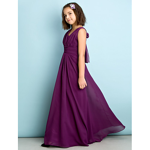 

A-Line V Neck Floor Length Chiffon Junior Bridesmaid Dress with Criss Cross / Natural / Mini Me