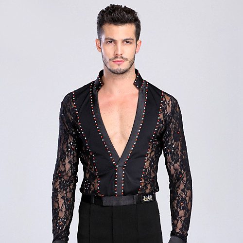 

Latin Dance Top Lace Crystals / Rhinestones Men's Training Performance Long Sleeve Chinlon Lace