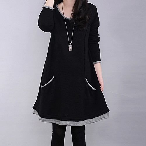 

Women's Short Mini Dress Black Dark Blue Long Sleeve Black Solid Colored Winter Round Neck L XL XXL 3XL 4XL 5XL / Plus Size