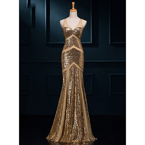 

Mermaid / Trumpet Sparkle Engagement Formal Evening Dress V Neck Sleeveless Sweep / Brush Train Sequined with Sequin Pattern / Print 2021