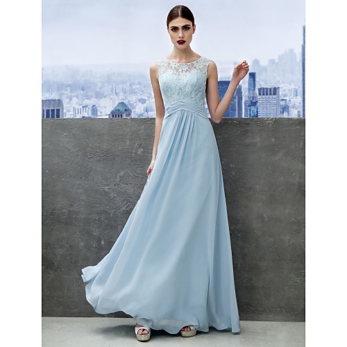 

A-Line Holiday Cocktail Party Prom Dress Illusion Neck Sleeveless Floor Length Chiffon Lace with Lace 2021