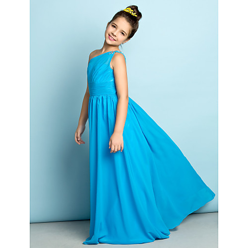 

A-Line One Shoulder Floor Length Chiffon Junior Bridesmaid Dress with Crystals / Side Draping / Natural / Mini Me