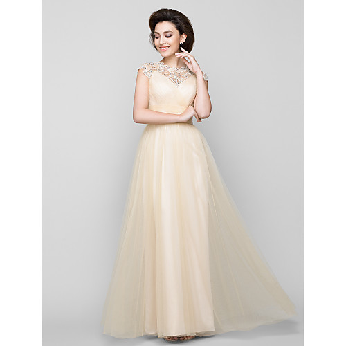 

A-Line Mother of the Bride Dress See Through Jewel Neck Floor Length Tulle Sleeveless with Criss Cross Beading 2021