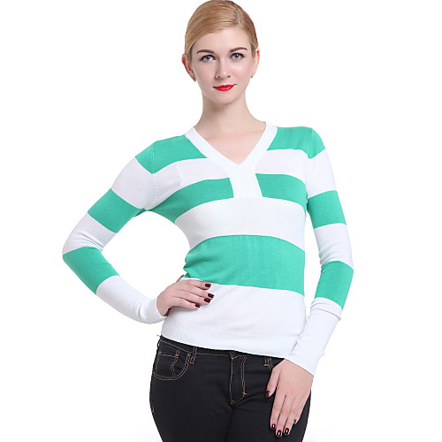 

Women's Striped Pullover Long Sleeve Sweater Cardigans V Neck Spring Fall Black Purple Olive