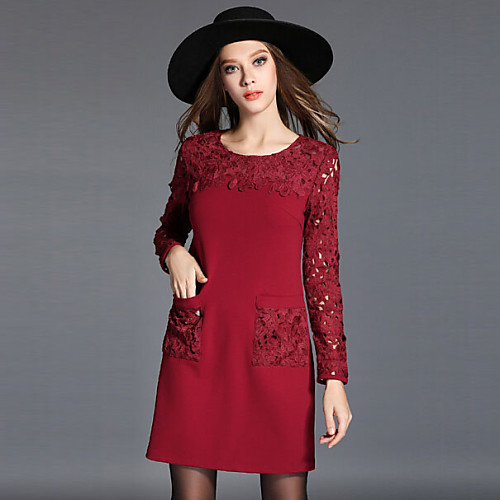 

Women's Loose Short Mini Dress Black Red Long Sleeve Solid Colored Lace Fall Round Neck Simple Cotton Lace XL XXL 3XL 4XL 5XL