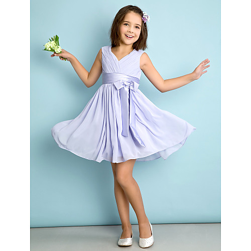 

A-Line V Neck Knee Length Chiffon Junior Bridesmaid Dress with Bow(s) / Criss Cross / Natural