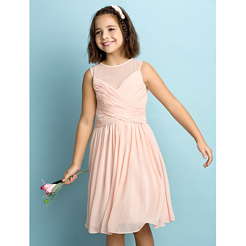 

A-Line Jewel Neck Knee Length Chiffon Junior Bridesmaid Dress with Criss Cross / Natural / Mini Me