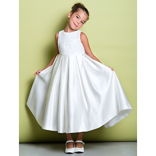

A-Line Ankle Length Wedding / First Communion Flower Girl Dresses - Lace / Satin Sleeveless Jewel Neck with Lace