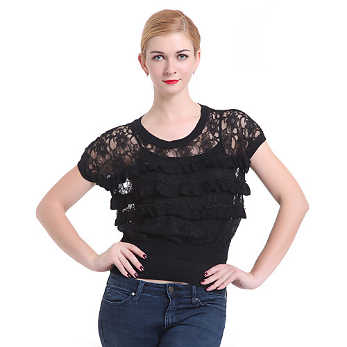 

Women's Streetwear Ruffle Mesh Solid Colored Pullover Short Sleeve Sweater Cardigans Round Neck Spring Summer Fall Black / Going out