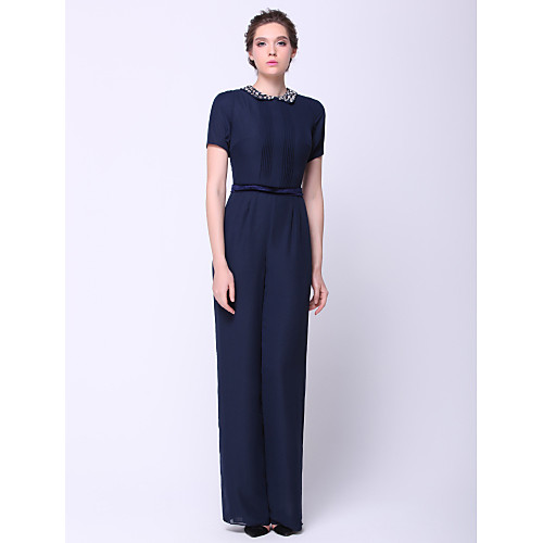 

Jumpsuits Sheath / Column Holiday Cocktail Party Prom Dress Jewel Neck Short Sleeve Ankle Length Chiffon with Beading 2021