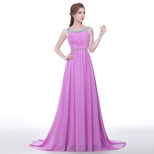 

A-Line Formal Evening Dress Scoop Neck Sweep / Brush Train Chiffon with Side Draping 2021