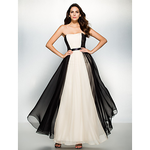 

A-Line Color Block Formal Evening Dress Strapless Sleeveless Ankle Length Chiffon with Draping 2021