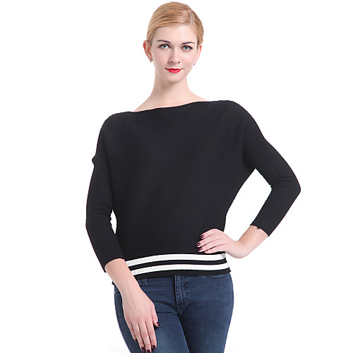

Women's Striped Pullover Long Sleeve Batwing Sleeve Sweater Cardigans Boat Neck Spring Fall Black Red
