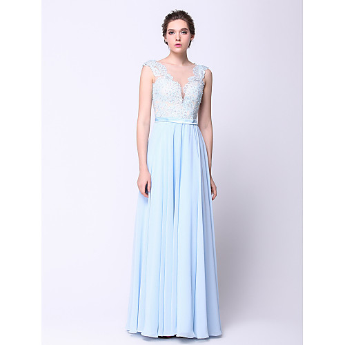 

Ball Gown Open Back Holiday Cocktail Party Formal Evening Dress Plunging Neck Sleeveless Floor Length Chiffon with Beading Appliques 2021