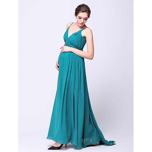 

A-Line Open Back Formal Evening Dress Spaghetti Strap Sleeveless Sweep / Brush Train Chiffon with Draping 2021