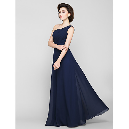 

A-Line Mother of the Bride Dress Elegant One Shoulder Floor Length Chiffon Sleeveless with Beading Side Draping 2021