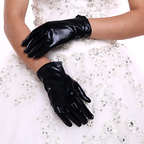 

Faux Leather Wrist Length Glove Bridal Gloves With Ruffles