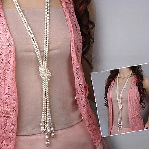 

Women's Pearl Y Necklace Layered Necklace Layered Lariat Knot Ladies Asian Fashion Multi Layer Pearl Imitation Pearl White Necklace Jewelry For Party Casual Daily / Pearl Necklace / Long Necklace