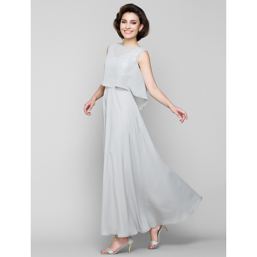 

A-Line Mother of the Bride Dress Sparkle & Shine Bateau Neck Ankle Length Chiffon Sleeveless with Sash / Ribbon Sequin 2021