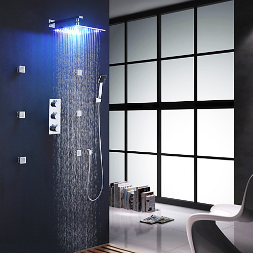 

Shower Faucet Set - Handshower Included Thermostatic LED Contemporary Chrome Wall Mounted Brass Valve Bath Shower Mixer Taps