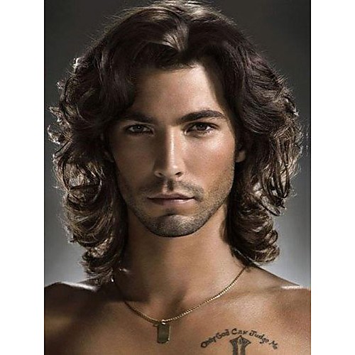 

Synthetic Wig Wavy Wavy With Bangs Wig Short Medium Length Black Synthetic Hair Men's Side Part Natural Black