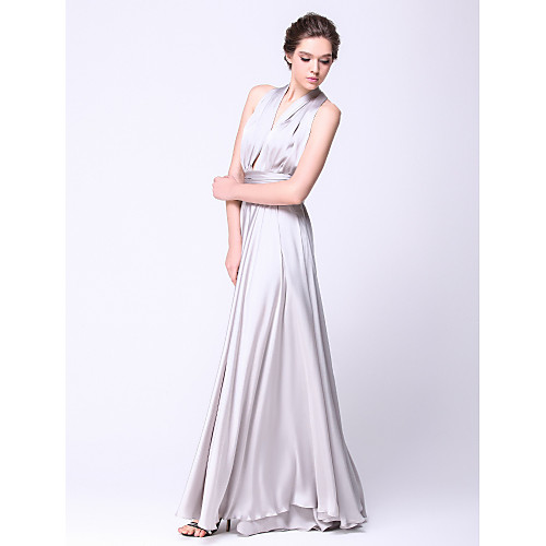 

A-Line Elegant Convertible Dress Open Back Prom Wedding Party Dress Halter Neck Sleeveless Floor Length Satin Chiffon with Pleats Ruched 2021