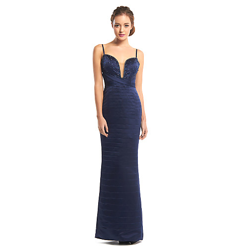 

Sheath / Column Prom Formal Evening Dress Spaghetti Strap Sleeveless Floor Length Satin with Criss Cross Beading 2021