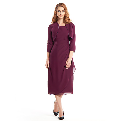 

Sheath / Column Mother of the Bride Dress Convertible Dress Square Neck Tea Length Chiffon 3/4 Length Sleeve with Beading 2021