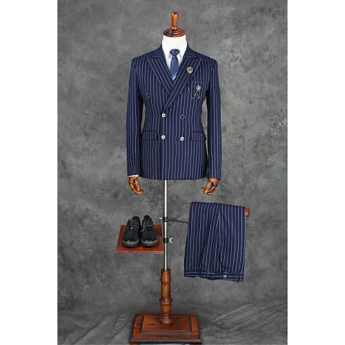 

Ink Blue Checkered / Gingham Tailored Fit Polyester Suit - Notch Double Breasted Four-buttons / Suits