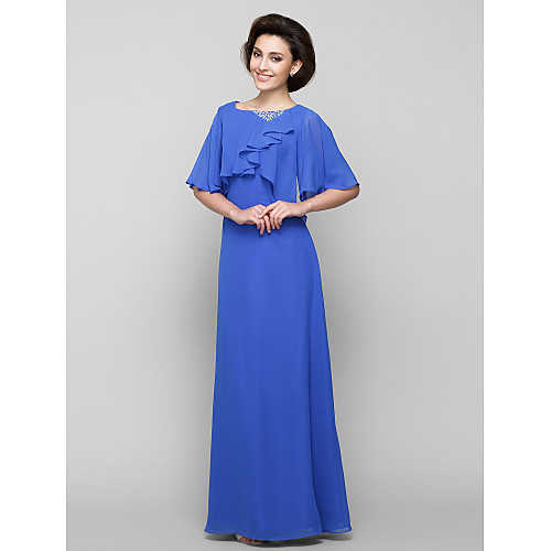 

A-Line Mother of the Bride Dress Scoop Neck Floor Length Chiffon Half Sleeve with Crystals Cascading Ruffles 2021
