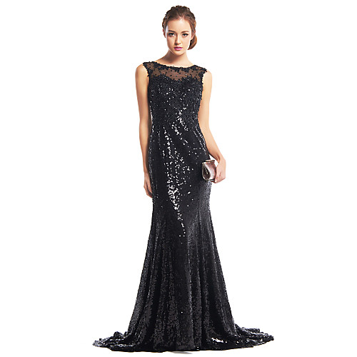 

Mermaid / Trumpet Sparkle & Shine Beaded & Sequin Formal Evening Dress Illusion Neck Sleeveless Sweep / Brush Train Sequined with Sequin 2021