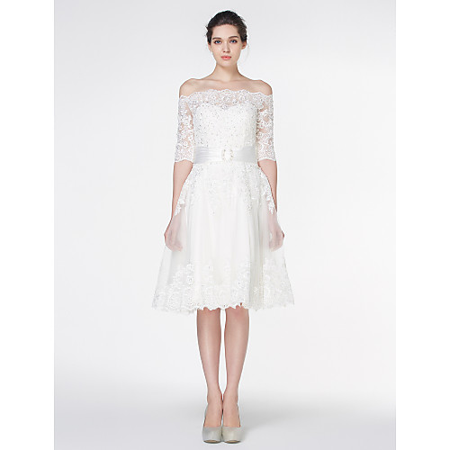 

A-Line Wedding Dresses Off Shoulder Knee Length Lace 3/4 Length Sleeve Formal Romantic Little White Dress Illusion Sleeve with Lace 2020