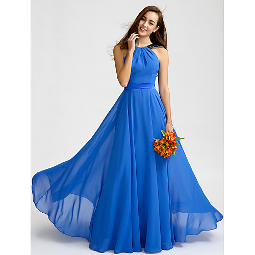 

A-Line Jewel Neck Floor Length Chiffon Bridesmaid Dress with Lace / Sash / Ribbon